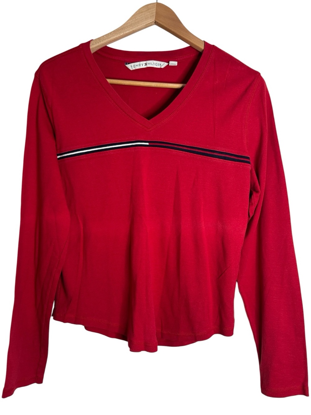 Tommy Hilfiger Vintage Red V‑Neck Long Sleeve Top Stripe Logo Street-style sz XL - Picture 1 of 9